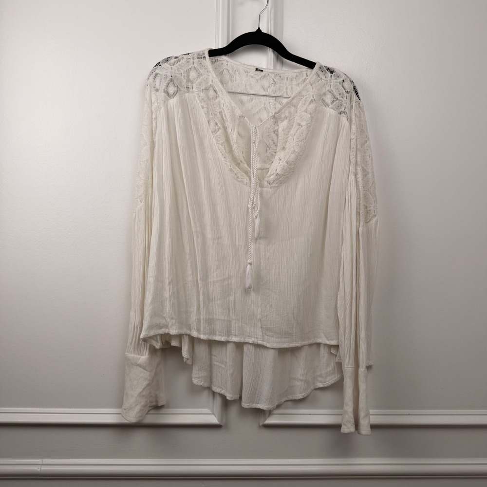 C'oan-jara White Lace Boho Tassel Tie V-Neck Blouse Long Sleeve Viscose Top M